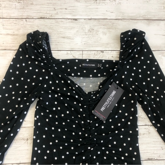 NEW! PRETTYLITTLETHING Women Black Polka Dot Print Long Sleeve Mini Dress Sz 4 - Picture 4 of 14